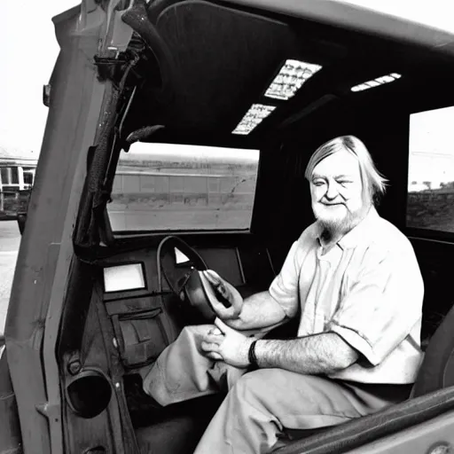 Prompt: robert wyatt sitting in the driver's seat of a large truck with leds under the vehicle