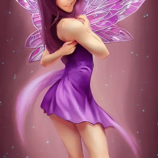 Image similar to very very very beautiful tiny fairy woman in her 20s with fairy wings wearing skintight purple dress, making eye contact, smiling, flirty, perfect body, perfect face, drawn by artgerm