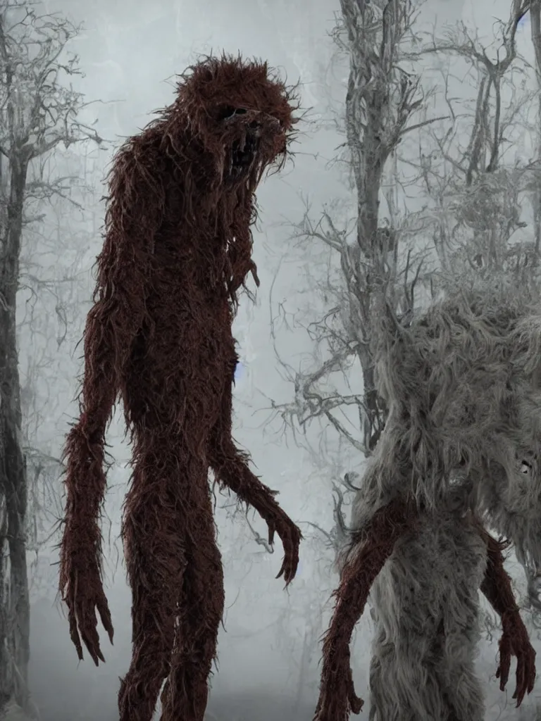 Image similar to standing photorealistic detailed tall skinny humanoid creature with fur, extremly detailed, 8 k, realistic, sharp focus, cosmic horror creature, cosmic horror, from the movie the thing