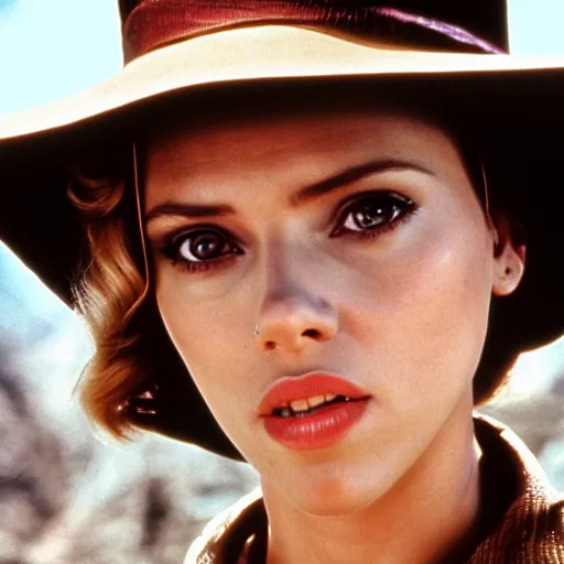 Prompt: A still photograph of Scarlett Johansson as Indiana Jones in Indiana Jones and the Raiders of the Lost Ark