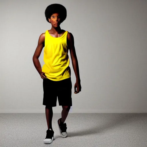 Image similar to black teenage boy with a long nose wearing a white tank top, walking in a nostalgic room with yellow walls and brown carpet