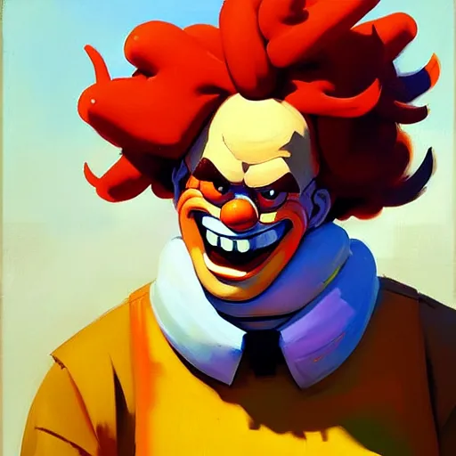 Image similar to Greg Manchess portrait painting of Krusty the clown as Overwatch character, medium shot, asymmetrical, profile picture, Organic Painting, sunny day, Matte Painting, bold shapes, hard edges, street art, trending on artstation, by Huang Guangjian and Gil Elvgren and Sachin Teng