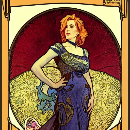 Prompt: gillian anderson portrait by louis - theophile hingre and alphonse mucha, realistic, sharp focus, zodiac signs, tarot cards, planets, ethereal, art nouveau, magic, moon, sun, crown, dreamy, royal, jewellery