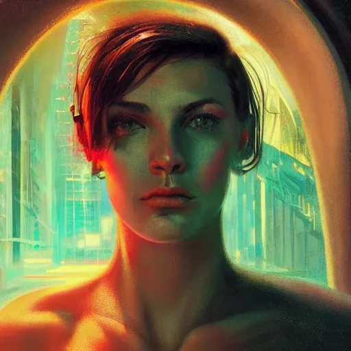 Image similar to detailed face of a woman, moment, cyberpunk cloisters, electronic billboards, tech noir, wet reflections, prism, atmospheric, ambient, pj crook, syd mead, livia prima, greg rutkowski, edward hopper