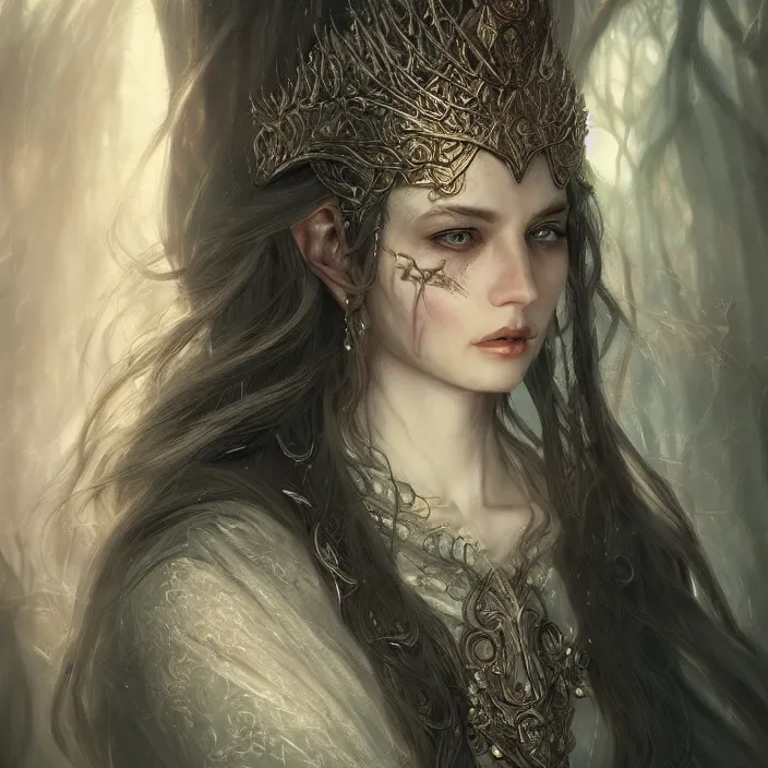 Prompt: cruel elvish empress, extremely detailed, hyperrealistic, intricate, soft light, fantasy, d & d, digital painting, art station, by wlop