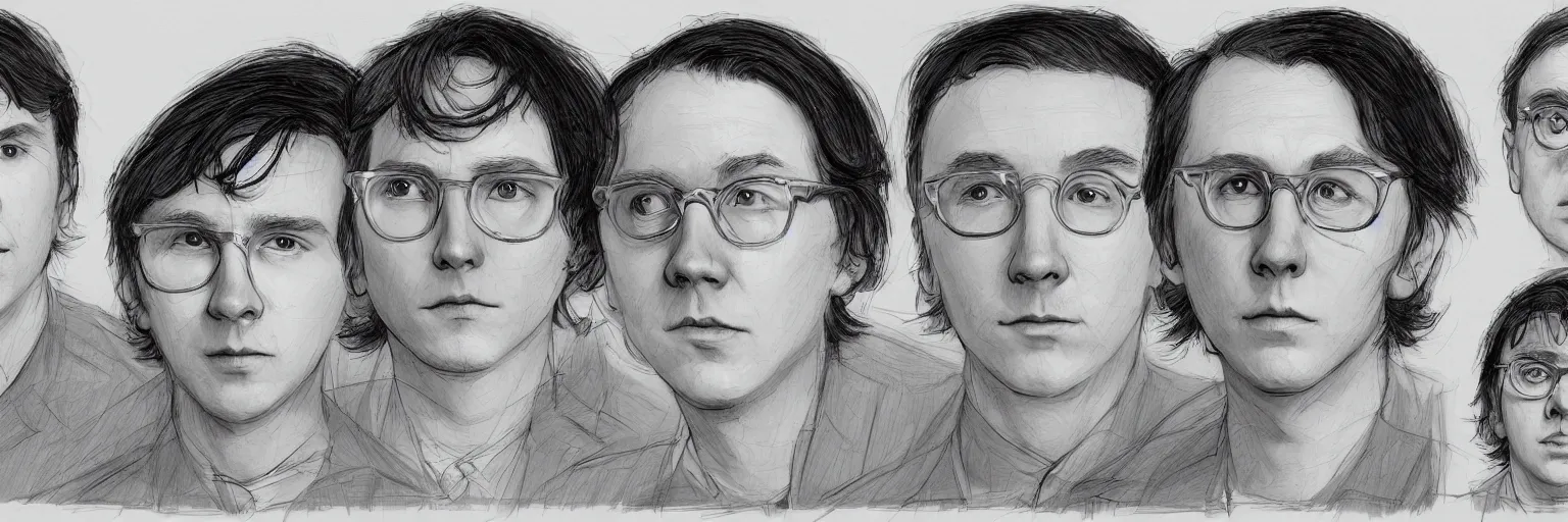 Image similar to character study of paul dano and todd solondz, 2 0 2 2, clear faces, emotional, character sheet, fine details, concept design, contrast, kim jung gi, pixar and da vinci, trending on artstation, 8 k, full body and head, turnaround, front view, back view, ultra wide angle