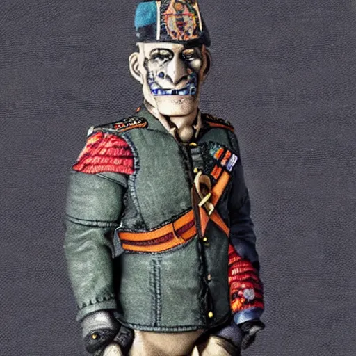 Prompt: a middle aged half - orc wearing a patchwork military uniform jacket with cut sleeves and many charms and baubles worked into the fabric, with an upturned collar. his arms bear rune tattoos, thin fangs show through his lower jaw with a bemused smile. blue grey intelligent eyes. 1 9 th century style