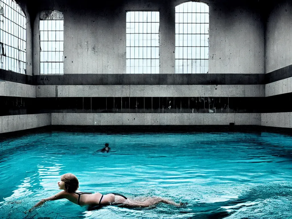 Image similar to taylor swift swimming inside a disgusting abandoned swimming pool liminal space nostalgia grey black mould