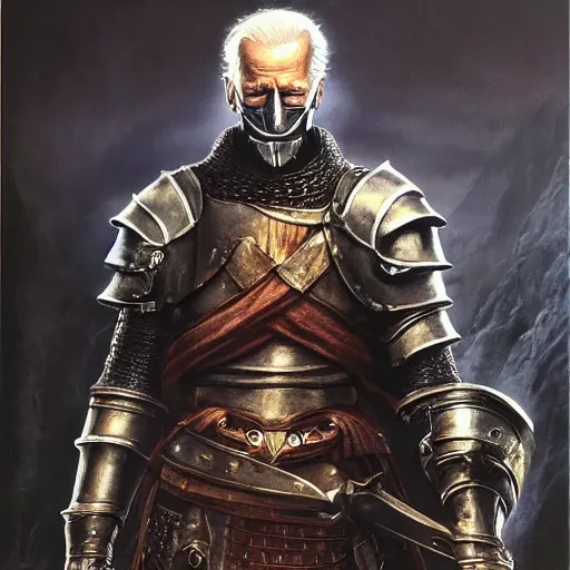 Image similar to Joe Biden as a Dark Souls NPC, full body portrait, dynamic pose, oil painting by Noriyoshi Ohrai