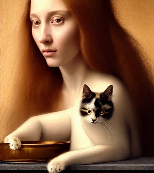Prompt: portrait of a long - haired woman with her cat sitting upon a table with heightened detail, poised, intense emotion, detailed facial expression, detailed surroundings, intricate, elegant, highly detailed, centered, digital painting, artstation, concept art, smooth, sharp focus, illustration, by ( leonardo da vinci ), wlop