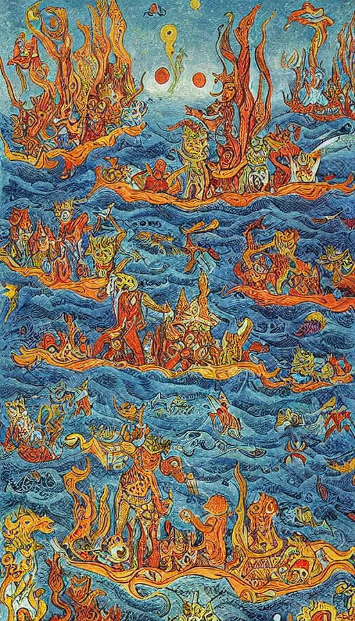 Prompt: man on boat crossing a body of water in hell with creatures in the water, sea of souls, by louis wain