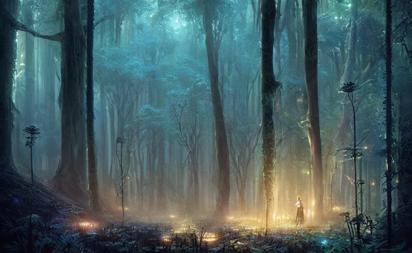 Prompt: a dark lush forest at nighttime, softly lit by blue glowing water lotuses, fantasy digital painting, stunning intricate details, artwork by ross tran and greg rutkowski