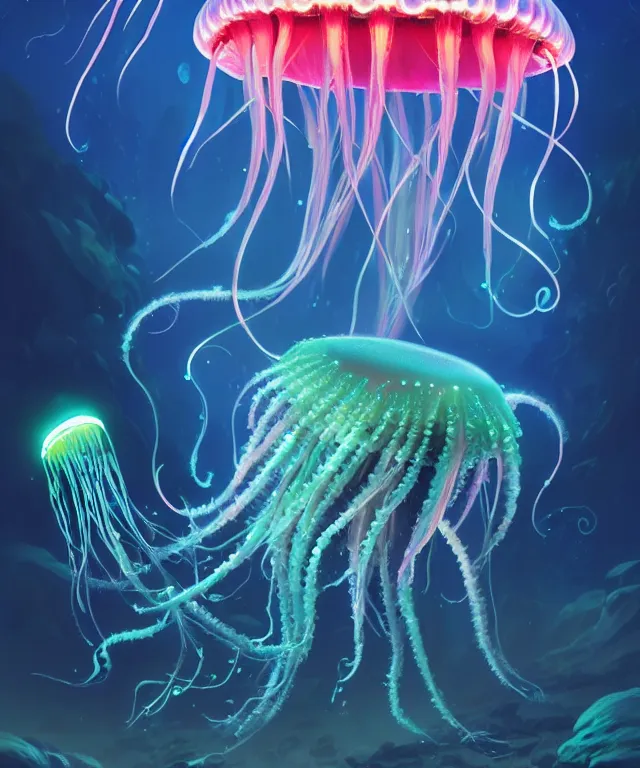 Image similar to a jellyfish creature made of bioluminescence, fantasy, elegant, crisp 8 k line work, emissive lighting, digital painting, artstation, unreal engine, octane render, concept art, matte, sharp focus, illustration, art by james jean and justin gerard and josan gonzalez