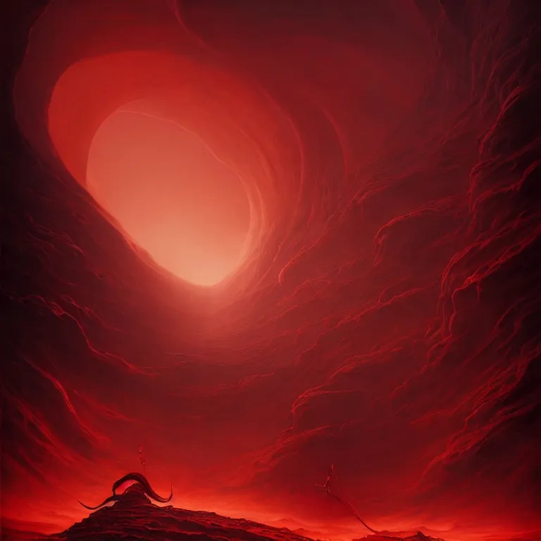 Image similar to one lone singular swirling otherworldly demonic figure shrouded in red robes emerges from extensive barren charcoal dunescape, flames, matte painting by peter mohrbacher and filip hodas, background colosseum!, godrays, high contrast, highly detailed