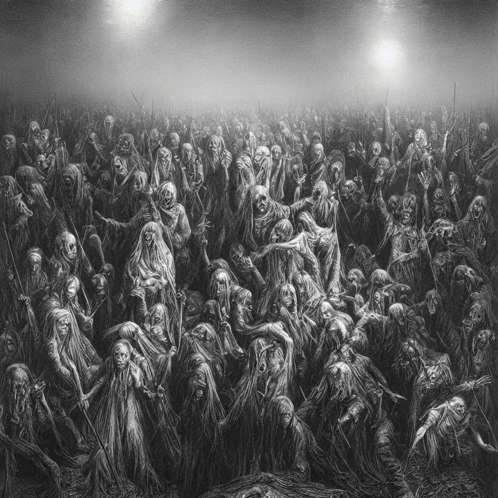 Image similar to dawn of the dead, creepy atmosphere, dark, portrait, realistic, very realistic, illustration by gustave dore