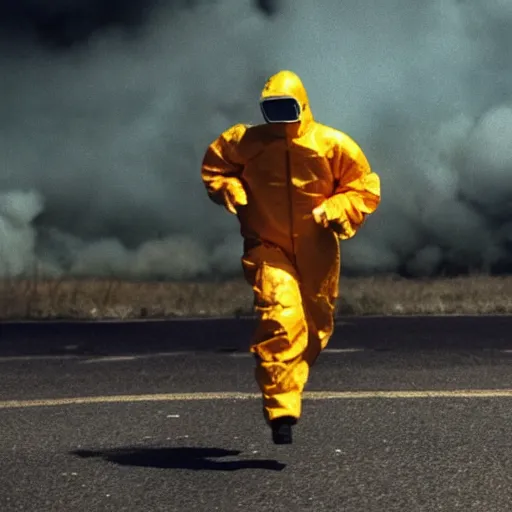 Image similar to A cinematic film still of a man in a hazmat suit running away from an explosion.