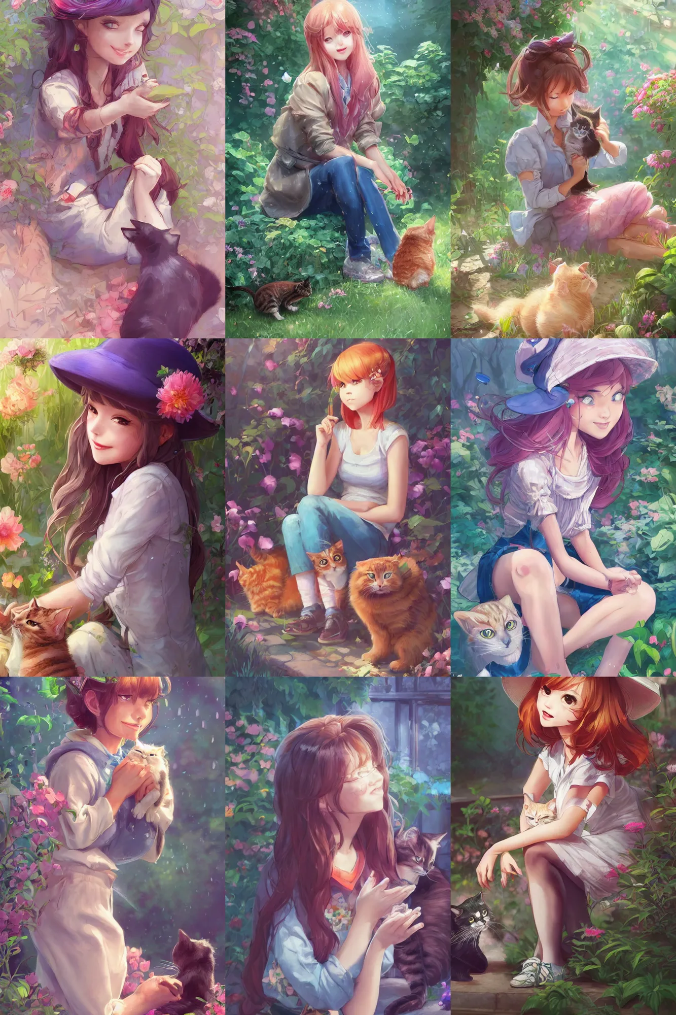 Prompt: a beautiful detective girl sitting in her garden petting a cat | | cute - fine - subtle smile, colorful hair, face, pretty face, raining outside, fine details by stanley artgerm lau, wlop, rossdraws, james jean, andrei riabovitchev, marc simonetti, and sakimichan, trending on artstation