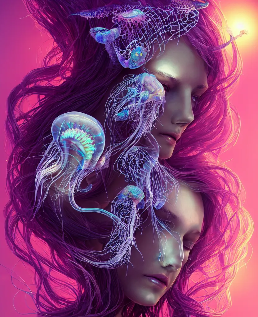 Image similar to goddess princess beautiful woman face close-up portrait ram skull. jellyfish phoenix head, nautilus, orchid, skull, betta fish, bioluminiscent creatures, intricate artwork by Tooth Wu and wlop and beeple. octane render, trending on artstation, greg rutkowski very coherent symmetrical artwork. cinematic, hyper realism, high detail, octane render, 8k