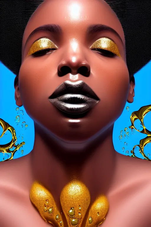 Prompt: hyperrealistic precisionist cinematic profile very expressive! black oshun goddess, in water! up to shoulders, mirror dripping droplet!, gold flowers, highly detailed face, digital art masterpiece, smooth eric zener cam de leon, dramatic pearlescent turquoise light on one side, low angle uhd 8 k f / 2. 8 1 / 5 0 0 s