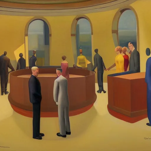 Image similar to a meeting of the robotic leaders in the capital dome, ( ( ( grant wood ) ) ), pj crook, ( ( ( edward hopper ) ) ), oil on canvas