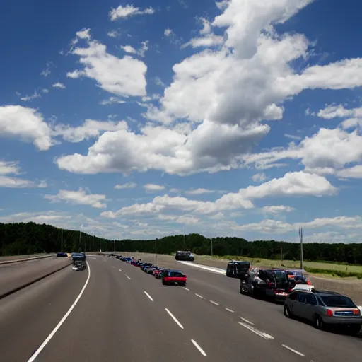 Image similar to photo, 5 0 mm, interstate traffic jam, scattered clouds, midday sun,