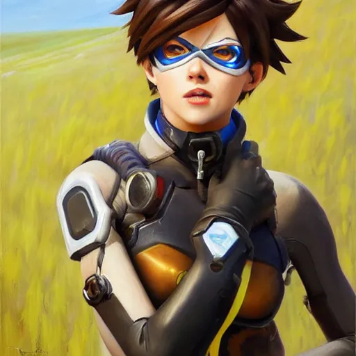 Image similar to oil painting of tracer overwatch in a field, in style of mark arian, expressive face, very detailed face, wearing leather choker, very detailed eyes, full body, feminine face, detailed makeup on eyes,