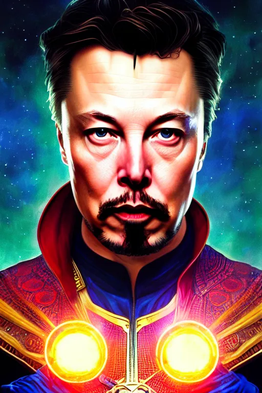 Image similar to elon musk as dr strange, realistic portrait, symmetrical, highly detailed, digital painting, artstation, concept art, smooth, sharp focus, illustration, cinematic lighting, art by artgerm and greg rutkowski and alphonse mucha