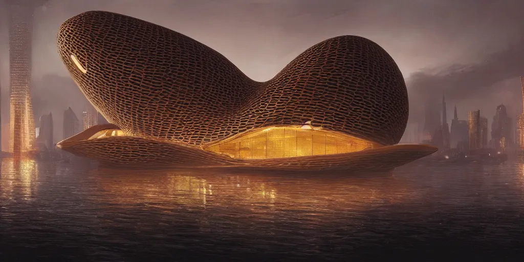 Image similar to An epic architectural rendering of a blob shaped trypophobia house with a mysterious red glow emitting from inside in a modern cityscape next to a river, by Zaha Hadid and Martin Johnson Heade and Greg Rutkowski, stunning, gorgeous, golden ratio, photorealistic, featured on artstation, 4k resolution