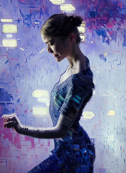 Image similar to portrait of beautiful girl, ecstatic, dancing, eyes closed, shades of blue and grey, new yotk backdrop, beautiful face, rule of thirds, intricate outfit, spotlight, by greg rutkowski, by jeremy mann, by francoise nielly, by van gogh, digital painting