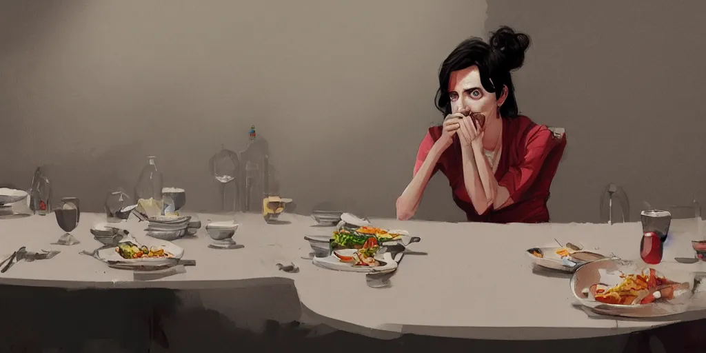 Prompt: cartoonish eva green eating dinner, vivid colors, character sheet, fine details, concept design, contrast, kim jung gi, greg rutkowski, trending on artstation, 8 k, full body, turnaround, front view, back view, ultra wide angle