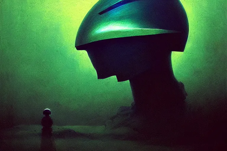 Image similar to futuristic helmet of a future soldier, in the style of beksinski, solarpunk, atmospheric, clean, intricate and epic composition, green by caravaggio, insanely quality, highly detailed, masterpiece, blue light, artstation, 4 k