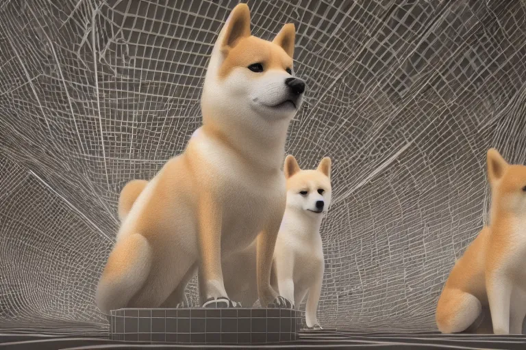 Image similar to a complex organic fractal 3 d ceramic shiba inu megastructure, cinematic shot, foggy, 3 point lighting, photo still from movie by denis villeneuve