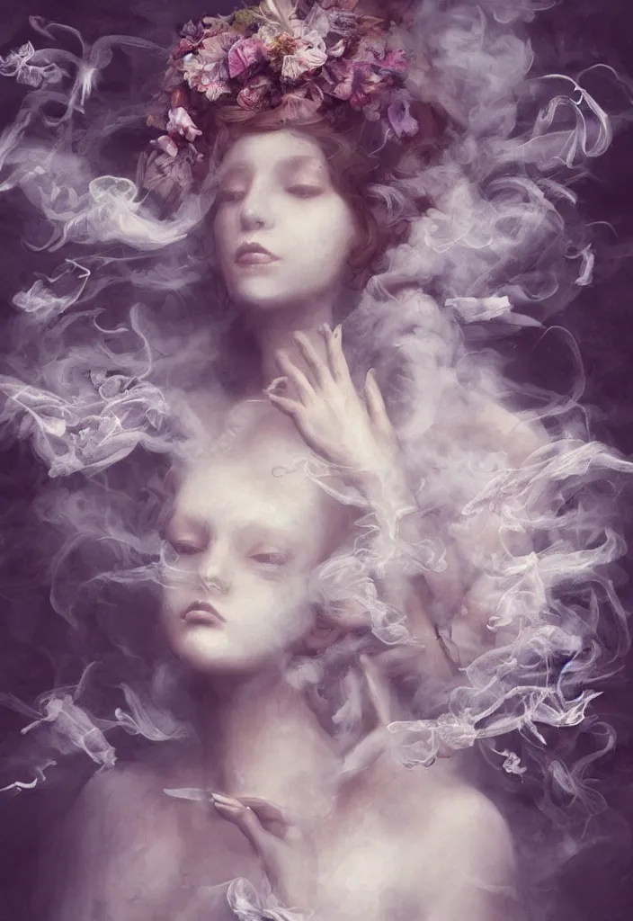 Prompt: beautiful, ghost, smoke, clouds, haunting young woman with numerous hands and arms, made of clouds and smoke, in renaissance times, detailed gorgeous face, sad eyes, vaporwave aesthetic, synthwave long luxurious gown made out of pearls, hair done up with flowers and ribbons, digital art, butterflies, birds, digital painting, artstation, concept art, smooth, sharp focus, illustration, art by artgerm and greg rutkowski and alphonse mucha