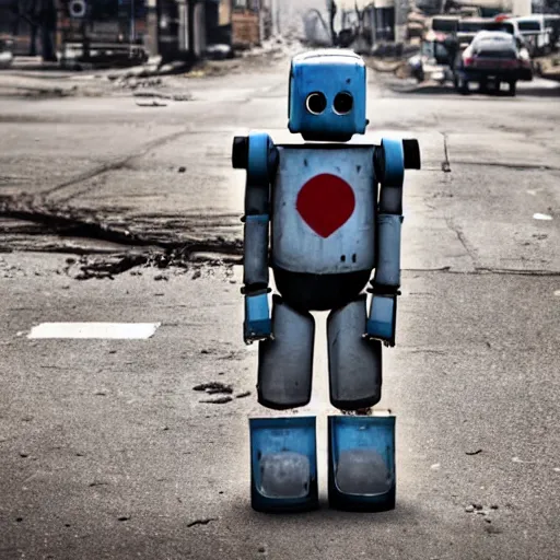 Prompt: a sad robot in a street of a post apocalyptic city