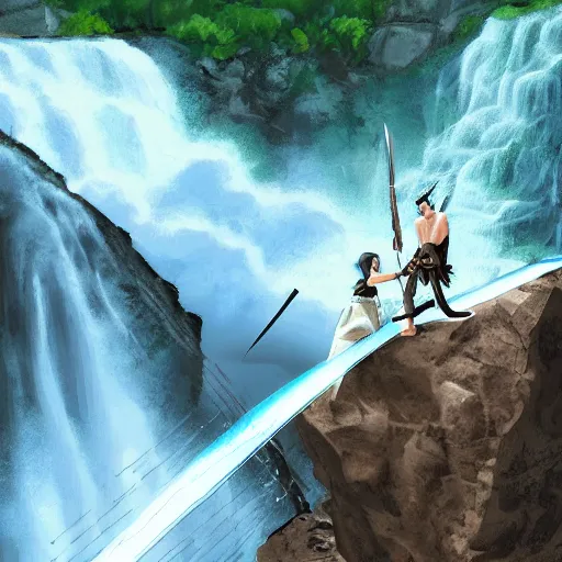 Prompt: two pirates having a sword duel on top of a rope bridge in front of a large waterfall, digital art