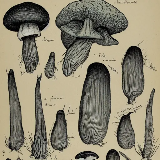 Prompt: 1 9 0 0's flora sketches of wild mushrooms