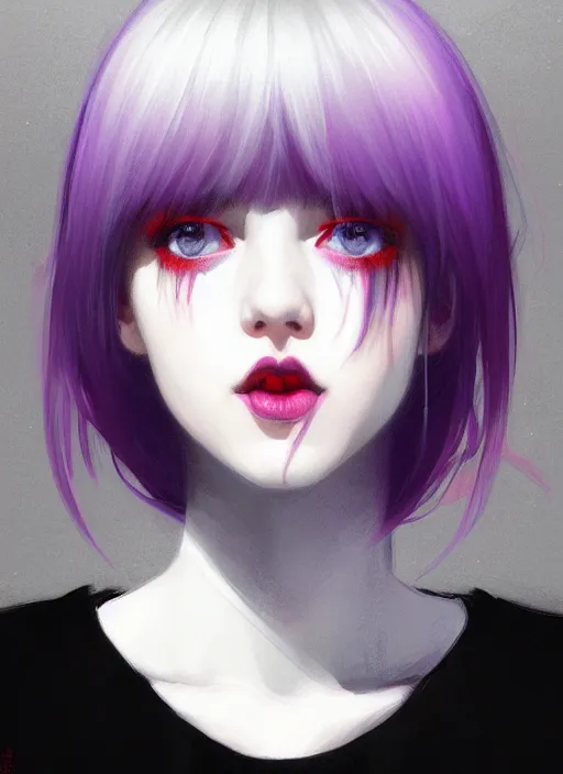 Image similar to portrait of teenage girl, red irises, bangs, black and white hair, white bangs, purple clothes, white bangs, two color hair, black hair and white bangs, intricate, elegant, glowing lights, highly detailed, digital painting, artstation, concept art, smooth, sharp focus, illustration, art by wlop, mars ravelo and greg rutkowski