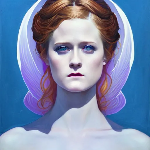 Prompt: in the style of Joshua Middleton art, goddess, Evan Rachel Wood, pale, holy, angelic, gorgeous, white dress, symmetrical face, symmetrical eyes, sky, high fantasy, warm lighting, analog photography, painting, gold, blue, white, purple