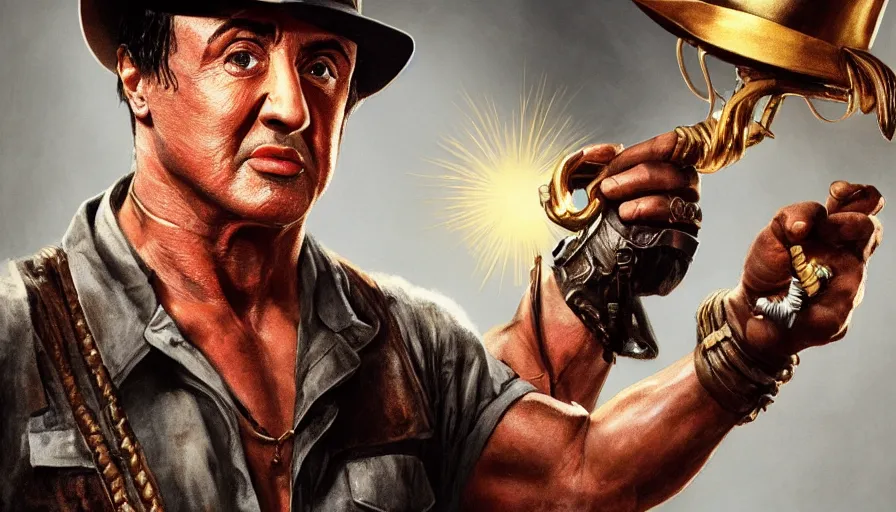 Image similar to sylvester stallone as indiana jones holding a whip in left hand and holding a golden mayan skull in the right hand, grey background, hyperdetailed, artstation, cgsociety, 8 k