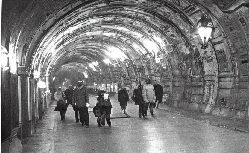 Image similar to old photo from 1 9 6 5. very large giant mutant antropomorphic rat in tonnel of moscow metro. extreme high detail. low light, scary atmosphere