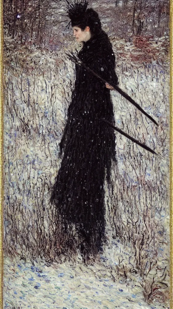 Prompt: a tall woman with very black hair and pale skin with a crown and a spear in her hand in a snowy landscape, fine art, splatter paint, impressionist mosaic, light art, complimentary - colors, tones of black in background, 2. 5 - dimensional, cinematic lighting, by claude monet, by pre - raphaelite brotherhood : : john everett millais gustav klimt