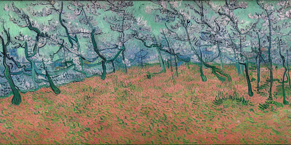 Prompt: in the dark cave, there is bright light at the exit, and outside is a pink peach blossom forest with colorful fallen flowers, by Vincent van Gogh