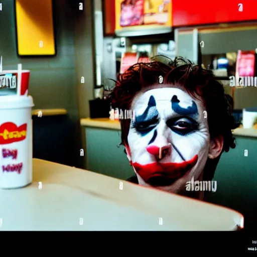 Prompt: joker 1 9 8 9 working in mcdonalds behind counter, facepaint coming off, movie still, dslr