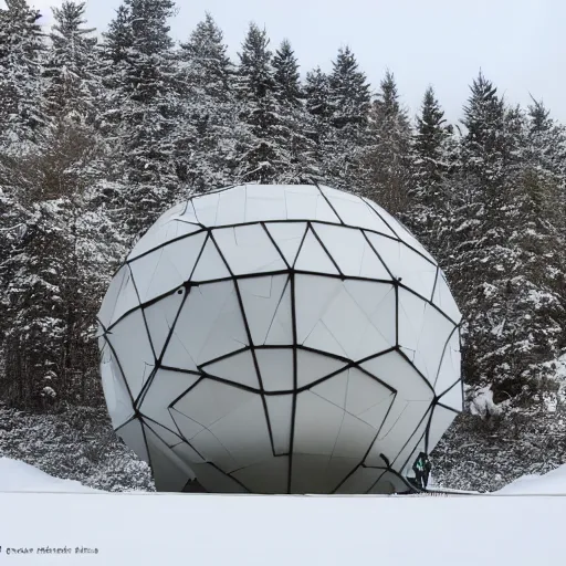 Image similar to brutalist concrete spomenik geodesic structure, in the mountains, taiga, by Henri Matisse