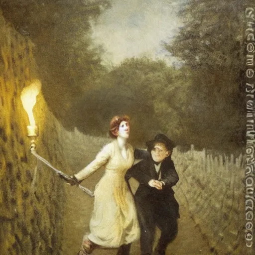 Image similar to young victorian man and woman traversing a dark stone maze, holding torches, hiding, fleeing, painted by alfred stevens