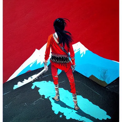 Prompt: painting of a lonesome warrior at the peak of himalayas, style of conrad roset