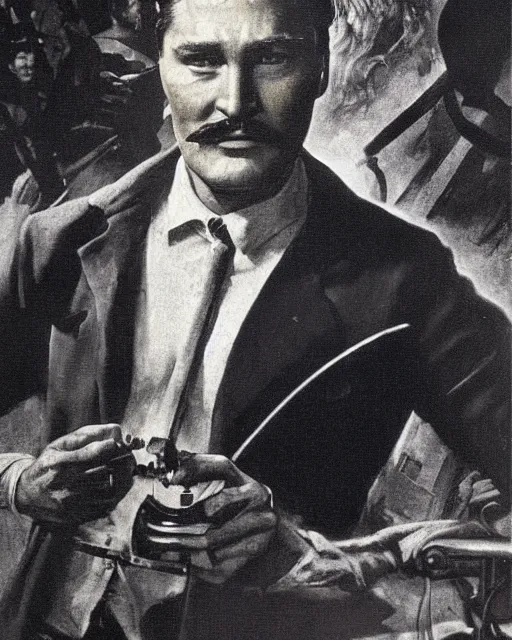 Image similar to Errol Flynn as a scientist. 1980s dystopian Soviet Russia, propaganda screens. Fantasy art by Greg Rutkowski, Gustave Courbet, Rosa Bonheur, Edward Hopper, Ilya Yefimovich Repin, Jean-François Millet, Andrew Newell Wyeth. Faithfully depicted facial expression, perfect anatomy global illumination, radiant light, detailed and intricate environment