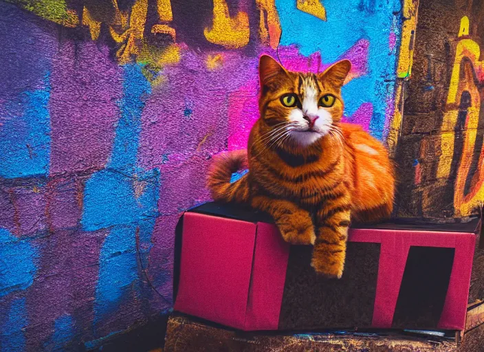 Image similar to photography of a Cat sitting on a box. in a cyberpunk street, award winning photo, saturated, colored, colors, 100mm, sharp, high res