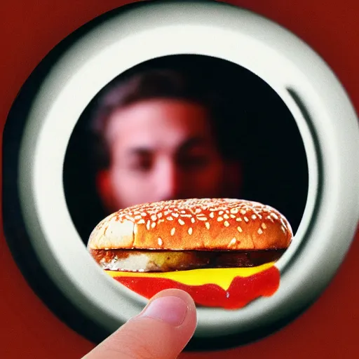 Prompt: Danny DeVita holding a burger looking at you through a peephole, realistic image, clear image, high definition image