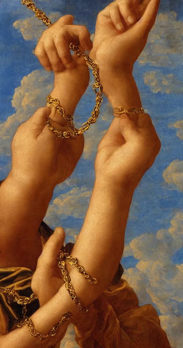 Image similar to a single hand holding a golden chain, renaissance style, realistic painting, detailed, clouds in background,